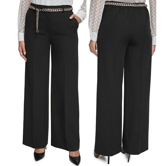 Tommy Hilfiger Women’s Black Chain Belt Wide-Leg Trousers Size 14 Work Pants - Picture 1 of 9
